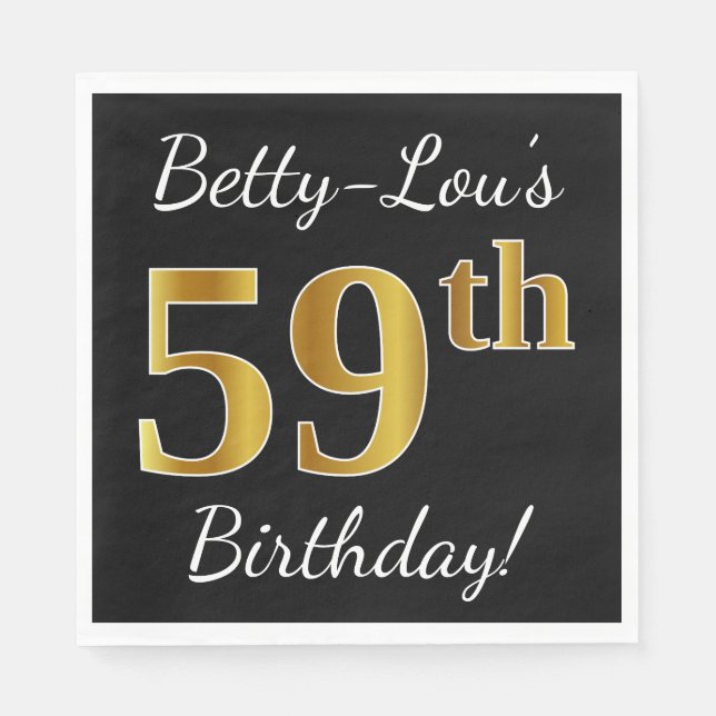 Serviette En Papier Noir, Faux Gold 59e anniversaire + Nom personnalis (Devant)