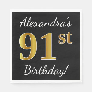 Serviette En Papier Noir, Faux Gold 91ème Anniversaire + Nom personnal