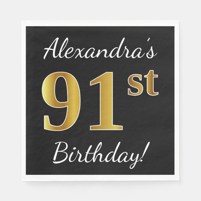 Serviette En Papier Noir, Faux Gold 91ème Anniversaire + Nom personnal (Devant)