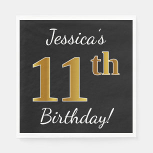 Serviette En Papier Noir, Faux Or 11e anniversaire + Nom personnalisé