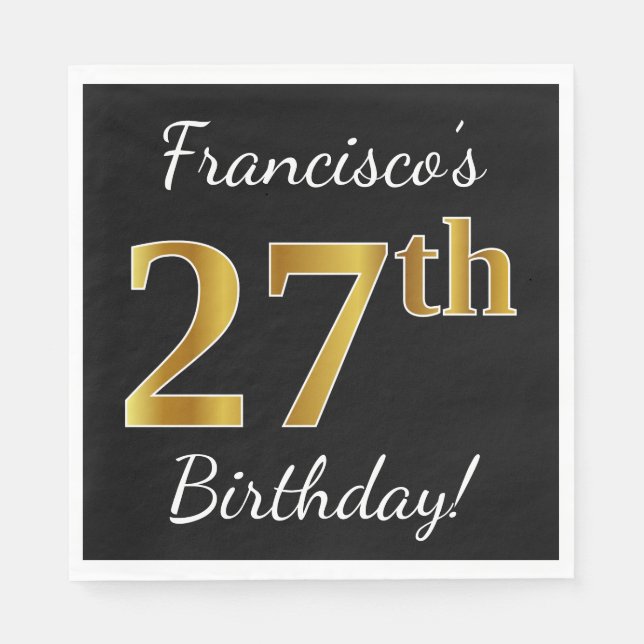 Serviette En Papier Noir, Faux Or 27e anniversaire + Nom personnalisé (Devant)