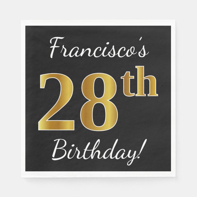 Serviette En Papier Noir, Faux Or 28ème anniversaire + Nom personnalis (Devant)