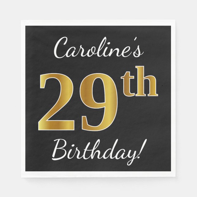 Serviette En Papier Noir, Faux Or 29e anniversaire + Nom personnalisé (Devant)