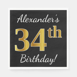 Serviette En Papier Noir, Faux Or 34e anniversaire + Nom personnalisé
