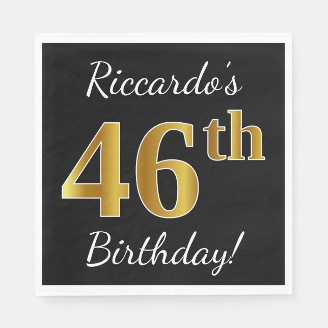 Serviette En Papier Noir, Faux Or 46ème anniversaire + Nom personnalis (Devant)