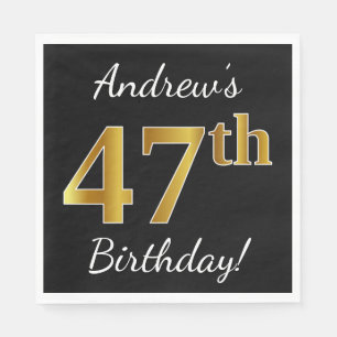Serviette En Papier Noir, Faux Or 47ème Anniversaire + Nom personnalis