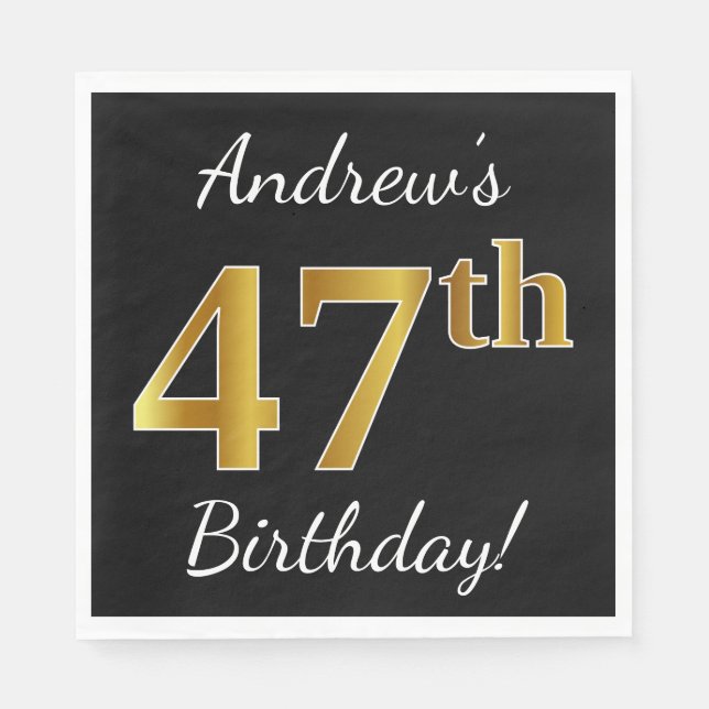 Serviette En Papier Noir, Faux Or 47ème Anniversaire + Nom personnalis (Devant)