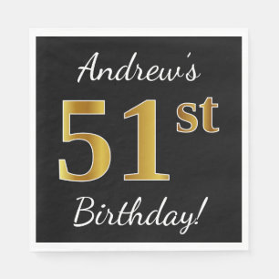Serviette En Papier Noir, Faux Or 51ème Anniversaire + Nom personnalis