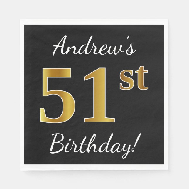 Serviette En Papier Noir, Faux Or 51ème Anniversaire + Nom personnalis (Devant)