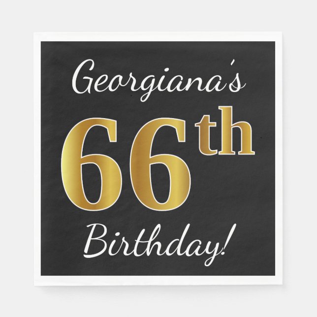 Serviette En Papier Noir, Faux Or 66e anniversaire + Nom personnalisé (Devant)