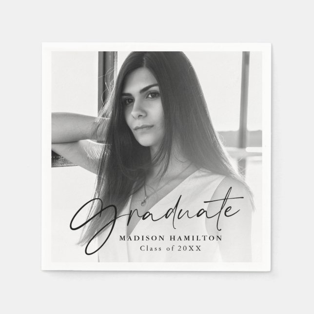 Serviette En Papier Noir | Graduation de la photo de script élégant (Devant)