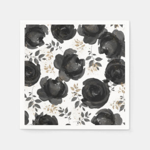 Serviette En Papier Noir Or Floral Luxueux Feuilles Mariage