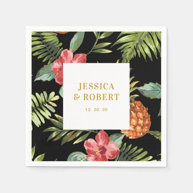 Serviette En Papier Noir & Or | Mariage d'été tropical Napkin (Devant)