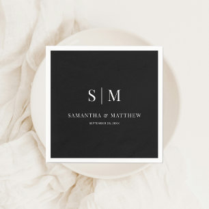 Serviette En Papier Noir Simple Élégant Couple Initiales Mariage
