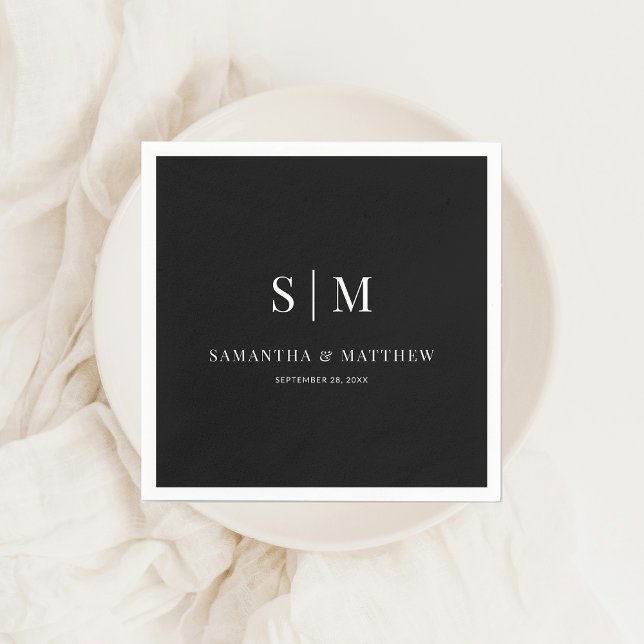 Serviette En Papier Noir Simple Élégant Couple Initiales Mariage (Elegant Couple Monogram Wedding Napkin)