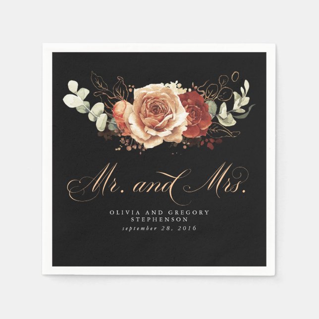 Serviette En Papier Noir & Terracotta Floral Mariage moderne (Devant)