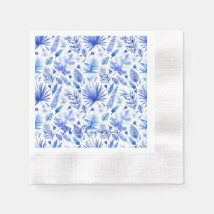 Serviette En Papier Nom Cobalt Bleu sur Blanc Tropical Feuilles Cockta