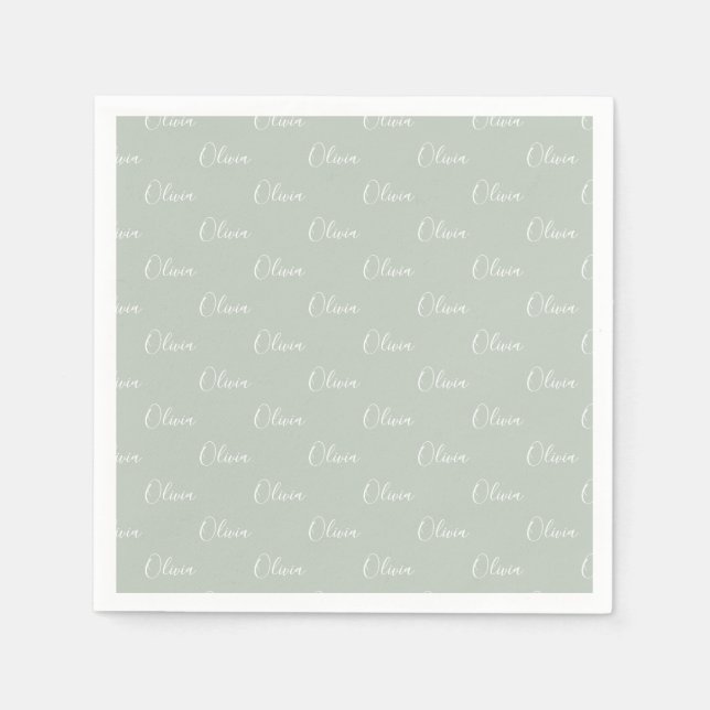 Serviette En Papier Nom customisé Sage Green White Script (Devant)