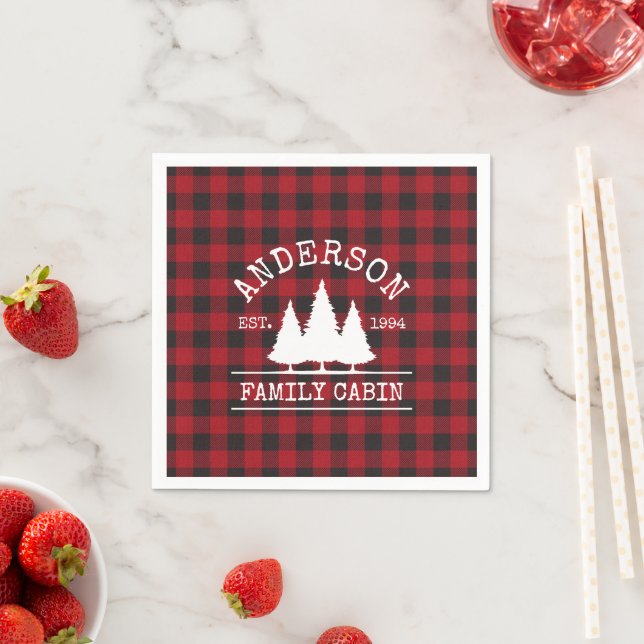 Serviette En Papier Nom de famille du cabine Red Buffalo Plaid (En situation)