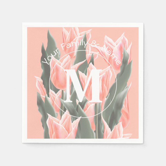 Serviette En Papier Nom de famille élégant Monogramme Peach Tulips Pei (Devant)