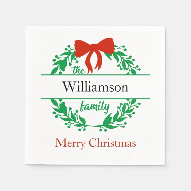 Serviette En Papier Nom de famille Monogramme Rouge Vert Noël (Devant)