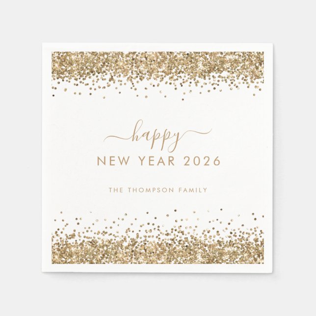 Serviette En Papier Nom de la Parties scintillant d'or White Happy New (Devant)
