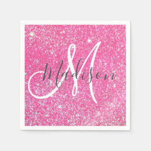 Serviette En Papier Nom de monogramme paillettes scintillantes rose ch