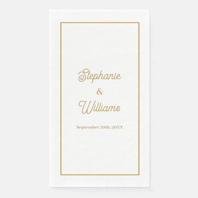 Serviette En Papier Nom de script élégant blanc or mariage minimal (Devant)