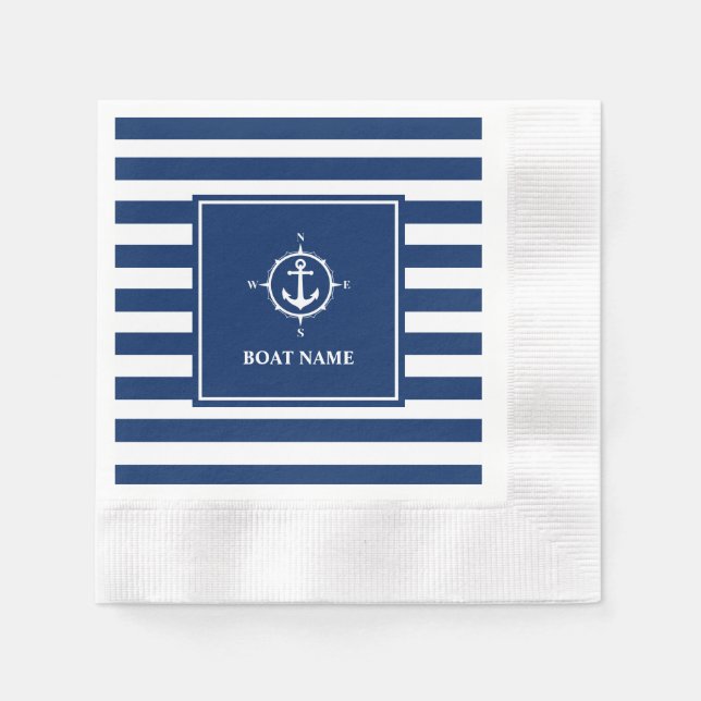 Serviette En Papier Nom du bateau Compass Ancre Blue Stripes Cocktail (Devant)