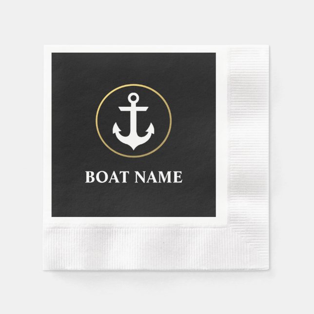 Serviette En Papier Nom du bateau nautique Ancre Cocktail Black Gold (Devant)