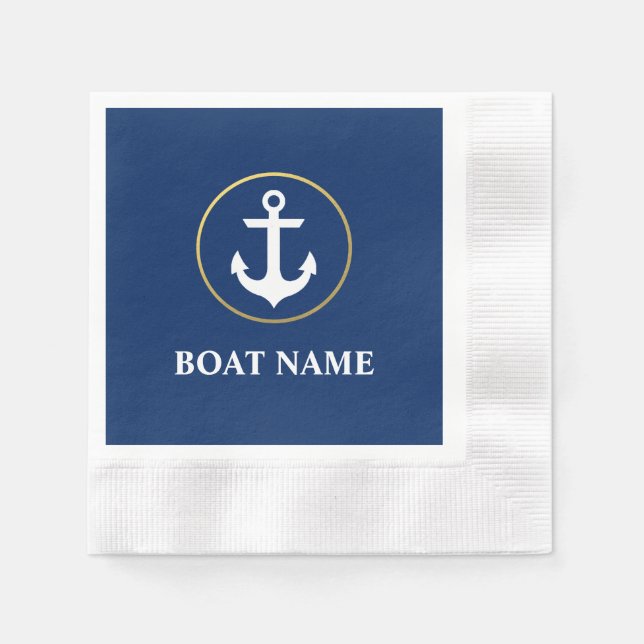Serviette En Papier Nom du bateau nautique Ancre Cocktail Blue Gold (Devant)