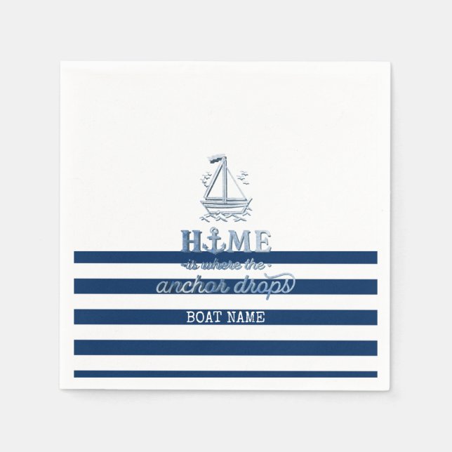 Serviette En Papier Nom du bateau nautique, Ancre Marine Bleu rayé (Devant)
