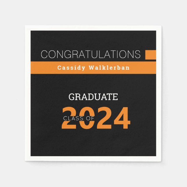 Serviette En Papier Nom du diplômé Noir Orange Graduation (Devant)