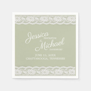 Serviette En Papier Nom du Mariage de dentelle blanche Sage Green Date