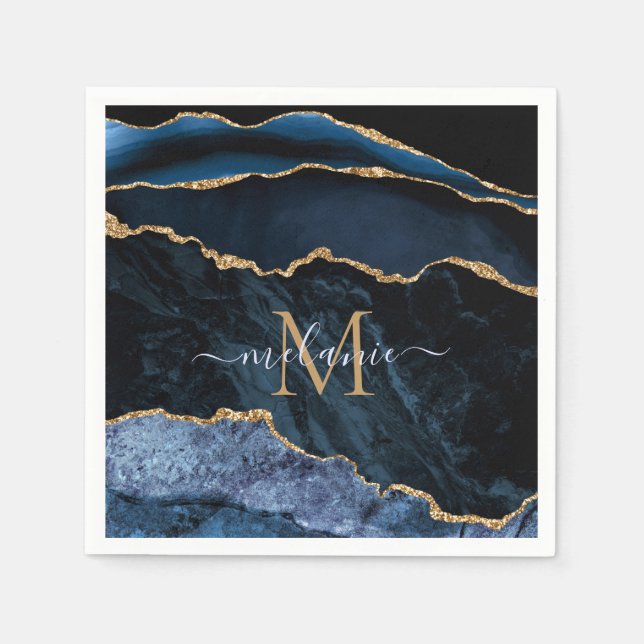 Serviette En Papier Nom du monogramme Agate Marine Bleu Marbre d'or se (Devant)