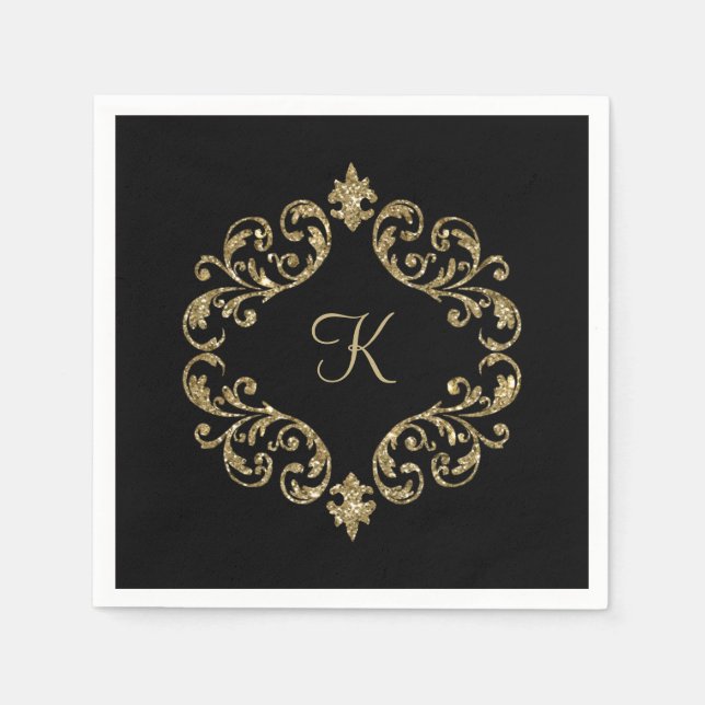 Serviette En Papier Nom du monogramme Black Gold Mariage Parti officie (Devant)