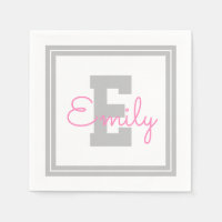 Nom et monogramme encadrés | Gris clair et rose