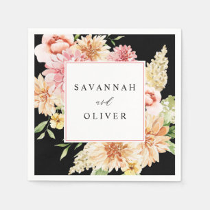 Serviette En Papier Nom floral rose et pêche et verdure - Noir