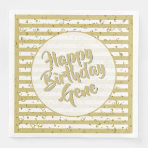 Serviette En Papier Nom Joyeux Anniversaire Gold/White Stripes Motif