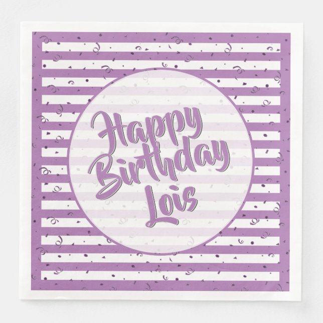 Serviette En Papier Nom Joyeux Anniversaire Lavande/White Stripes Moti (Devant)