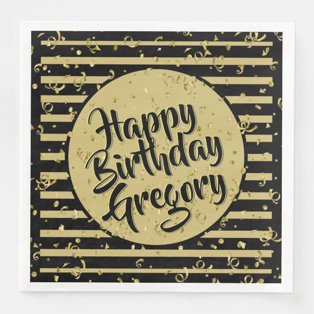 Serviette En Papier Nom Joyeux Anniversaire Noir/Gold Stripes Motif (Devant)