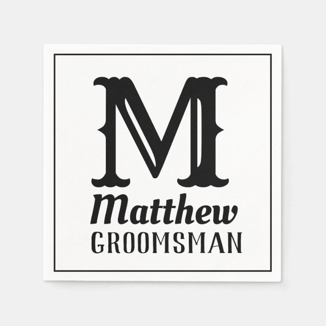 Serviette En Papier Nom Masculine Monogramme Classic Mariage Noir (Devant)