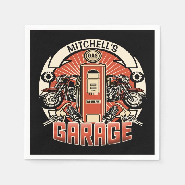 Serviette En Papier Nom personnalisé Garage moto moto pompe à gaz rétr (Devant)