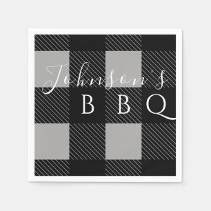 Serviette En Papier Nom personnalisé Gris noir Buffalo Check BBQ