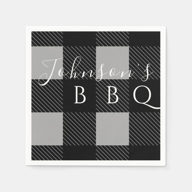 Serviette En Papier Nom personnalisé Gris noir Buffalo Check BBQ (Devant)