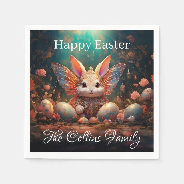 Serviette En Papier Nom personnalisé Joyeux lapin de Pâques avec oeufs (Devant)