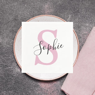 Serviette En Papier Nom personnalisé moderne Monogramme rose