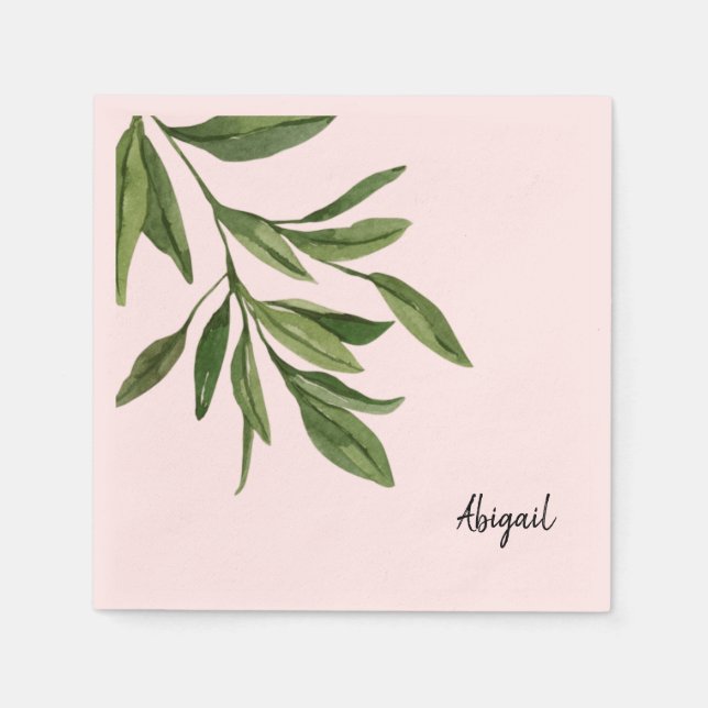 Serviette En Papier Nom personnalisé rose Foliage Cocktail (Devant)