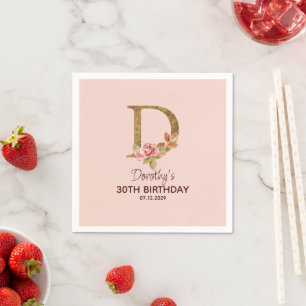 Serviette En Papier Nom personnalisé Roses roses blush Or Lettre D