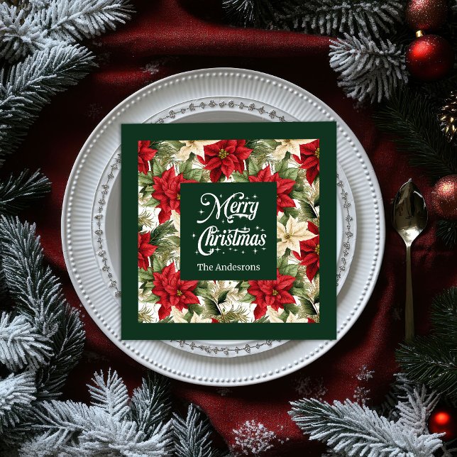 Serviette En Papier Nom personnalisé Serviettes de vacances Style Poin (Custom Name Holiday Napkins Chic Poinsettia Style)